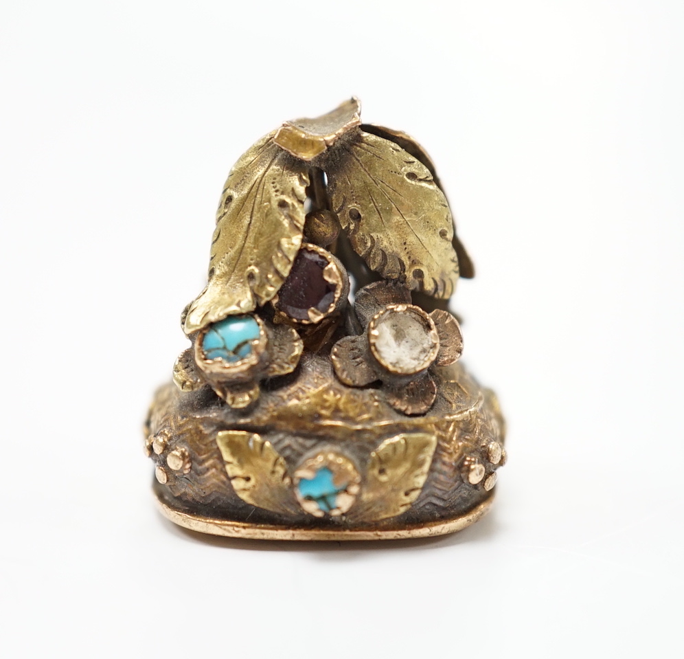 A 19th century yellow metal, garnet and turquoise mounted foil backed amethyst fob seal, the matrix inscribed Lamitie?, 17mm (a.f.).